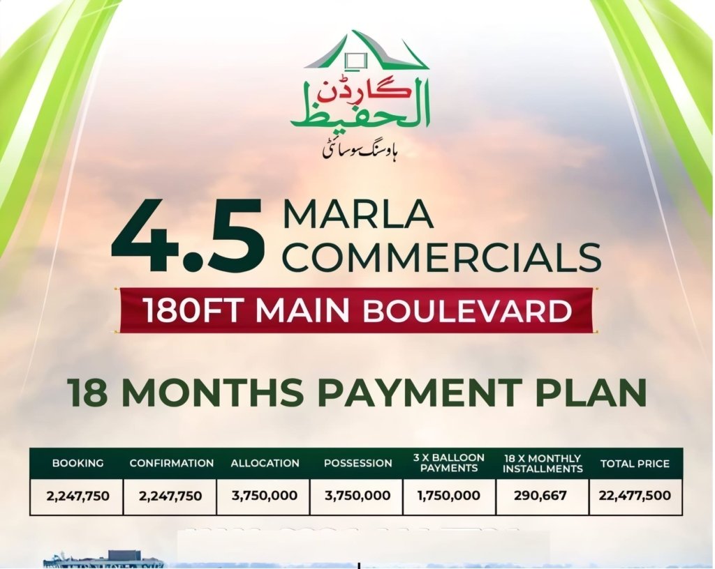 4,5 Marla On Ground Commercial at 180 feet Main Boulevard Road Al Hafeez Garden Phase 2